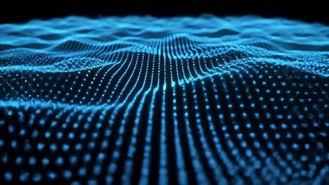 Blue glowing digital wave pattern with dotted grid on black.
