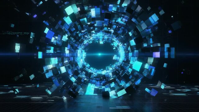 Futuristic digital technology background with glowing blue holographic data cube elements in circular formation