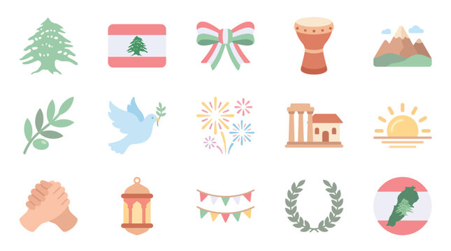 Collection of Icons Representing Lebanon's Culture and Symbols.