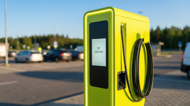 Electric charger station fast charge electric vehicle charging station neon yellow outdoor parking modern technology energy transfer