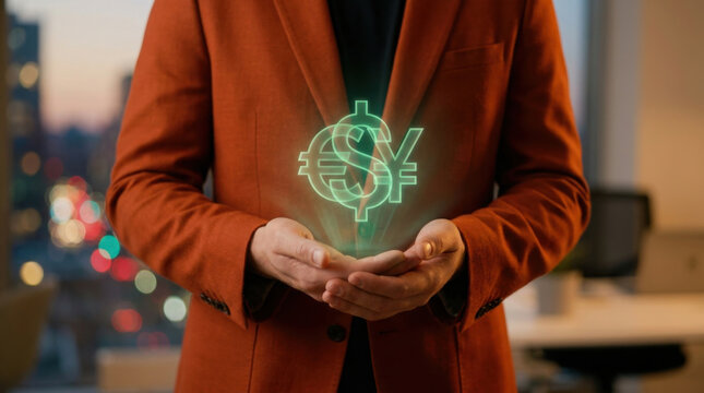 Currency exchange currency fluctuation exchange rate finance concept glowing symbol hands orange coat office city