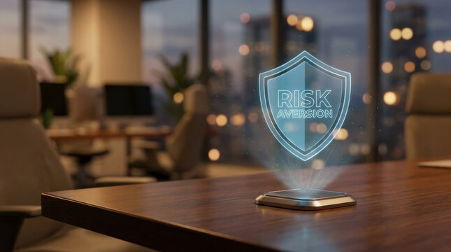 Holographic shield with risk aversion text over modern office table at dusk