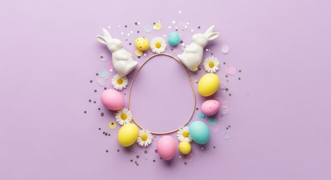 Easter bunny and pastel egg frame on purple surface