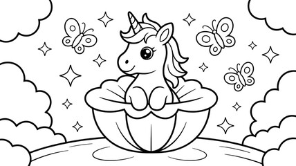 Fototapeta premium Cute cartoon unicorn sitting inside a large seashell coloring page for kids with seashell butterfly coloring creature