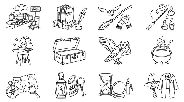 Magical School Elements Collection: Wand, Owl, Cauldron, Broomstick, Sorting Hat, Books, Train