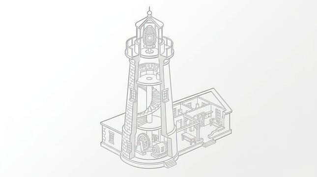 Isometric line drawing of a lighthouse interior structure
