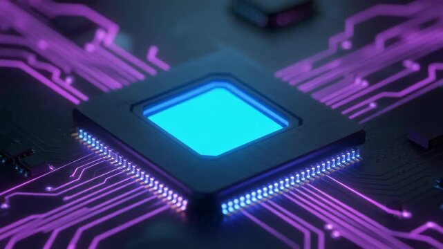 Close up of glowing computer microchip with neon purple circuit board technology background