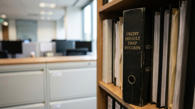 Credit default swap records on office shelf, financial document archive with blurred workspace background and serious tone