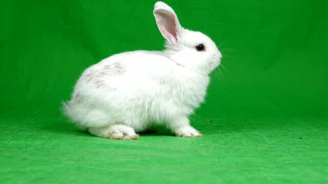 Adorable white fluffy bunny rabbit hopping and sniffing around on a professional chromakey green screen background for video editing