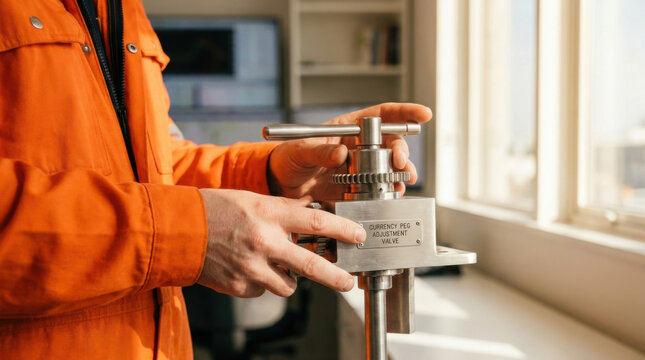 Currency peg defense concept, industrial worker hands adjust metal valve in workshop