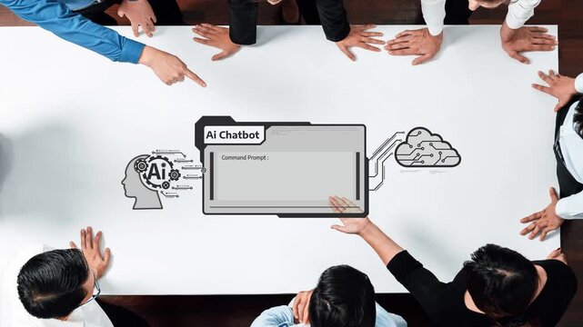 A group of professionals engaged in a collaborative meeting, discussing AI chatbot technology. The modern workspace highlights teamwork and digital innovation. Raster