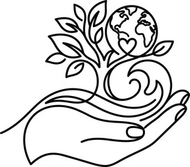 Obraz premium Continuous line drawing of a hand holding a tree and a globe with a heart.