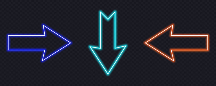 Neon arrows pointing in three directions with vibrant blue cyan and orange glow on dark background including right down and left directions. Glowing electric light sign vector elements.