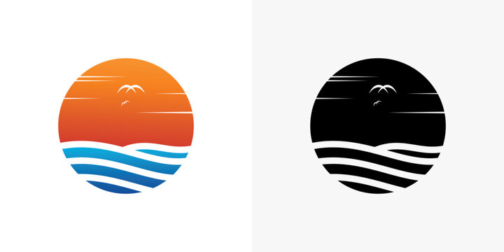 Modern Sunset Beach Logo Vector Design &ndash; Abstract Ocean Waves, Seagulls and Sunrise Landscape Icon for Travel, Coastal Resort, Summer Vacation, Tourism and Nature Branding