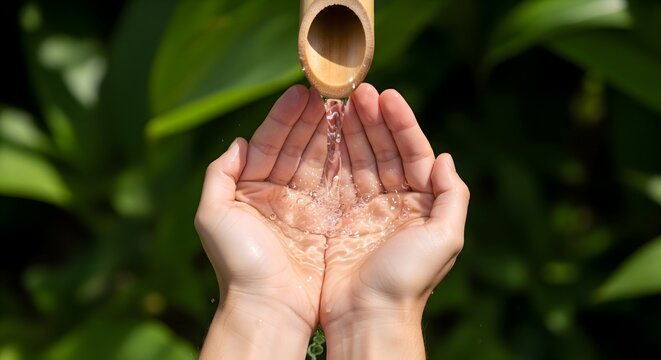Fresh water flowing from bamboo pipe into cupped hands in zen garden