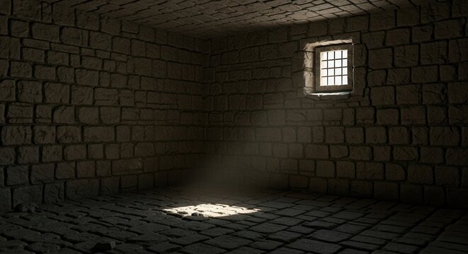 Sunlight streams through a barred window into a dark, stone prison cell.