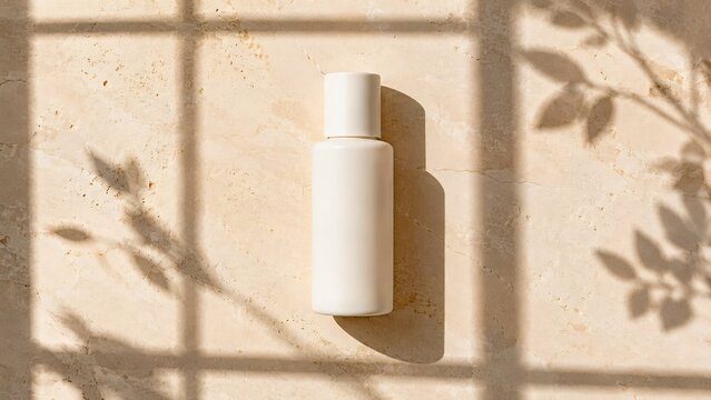Minimal white cosmetic bottle on beige stone background with window shadows