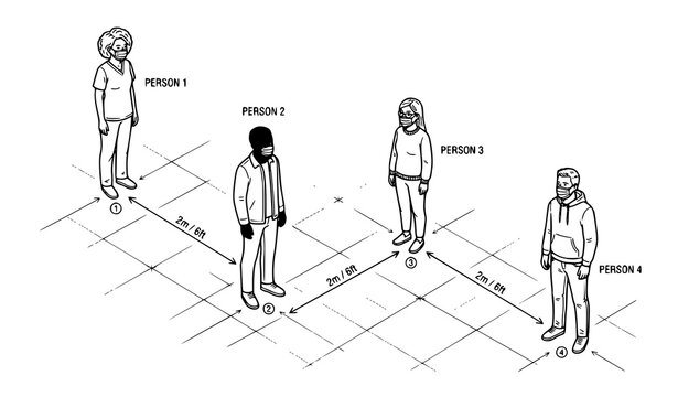 Social distancing measure vector line art with people wearing medical masks keeping safe distance in isometric layout