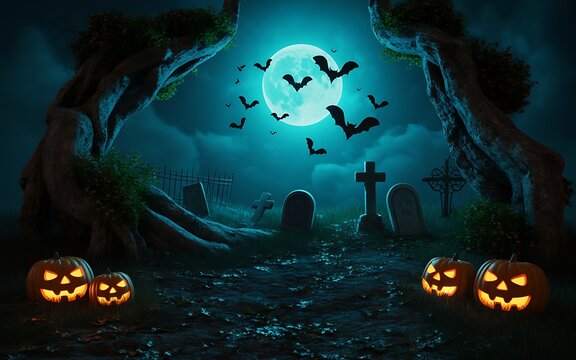 Glowing jack o lanterns in a dark misty graveyard at night under a full moon with flying bats
