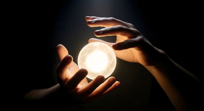 Glowing crystal ball held by human hands for fortune telling magic