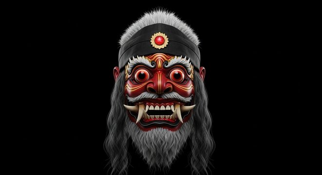 Traditional Balinese Barong Mask with Red Face and Fangs.