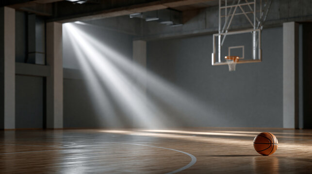 Dramatic spotlight empty indoor basketball court with ball on wood floor