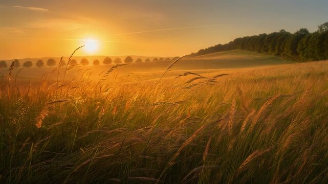 Golden sunset over a peaceful grassy field with rolling hills and silhouetted trees in the background