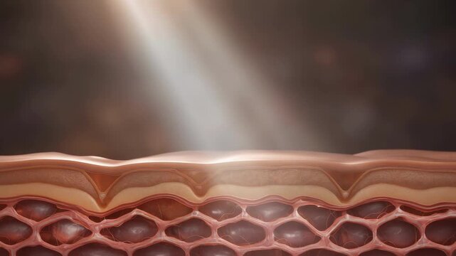 Detailed close up 3D illustration of human skin anatomy layers with light rays and cellular structure