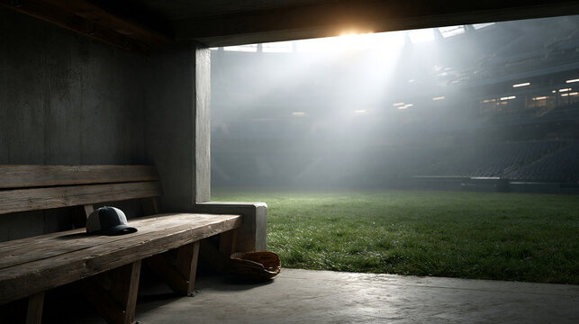 Empty dugout baseball field wooden bench stadium interior green grass sunbeam light sports venue shadowed shelter empty seat athletic field