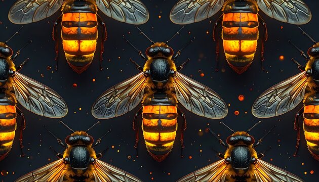 Vibrant orange honey bees fly together.