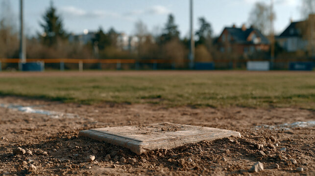 Home plate baseball field dirt infield close up sport ground white base outdoor field shallow focus blurred background game equipment athletic