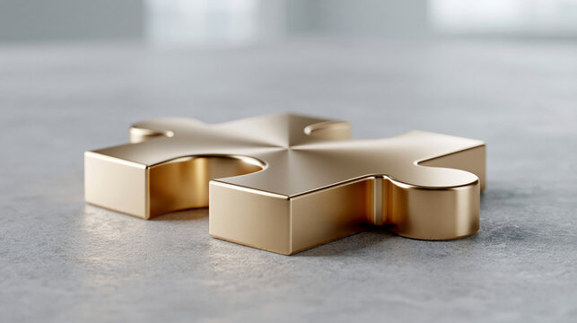 Gold puzzle piece on gray surface, isolated 3d render symbol of completion and fit