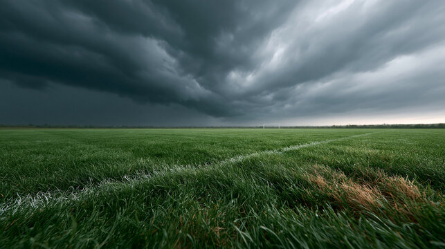 Storm cloud green field grass field soccer field low angle dramatic sky dark cloud horizon line open landscape natural light weather front outdoor