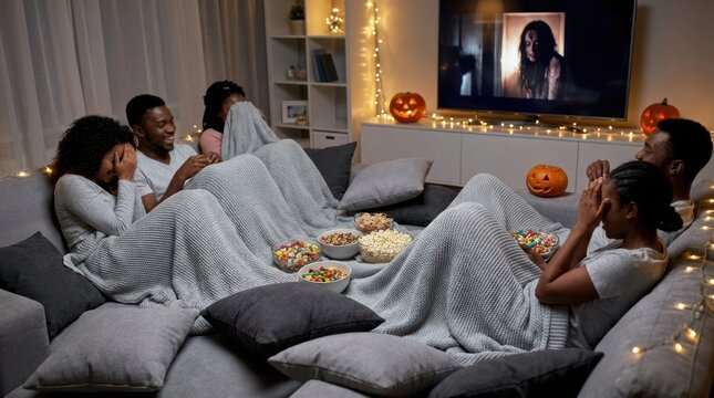 Family enjoys a scary movie night with popcorn and candy during Halloween