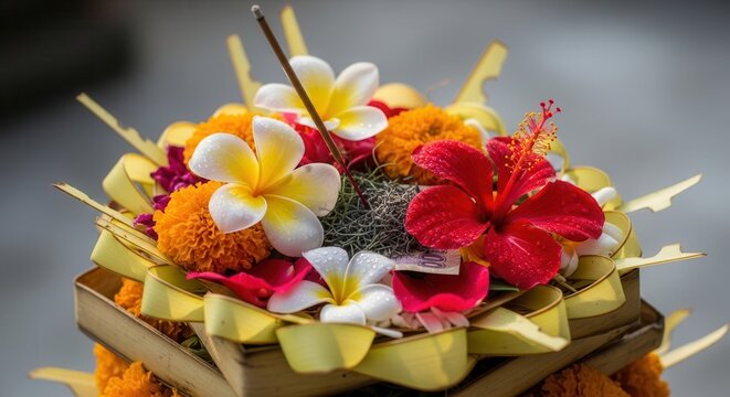 Traditional Balinese Canang Sari Flower Offering for Hindu Prayer.