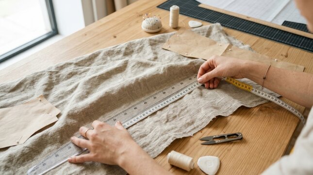 Seamstress measuring fabric with ruler and tape measure for sewing project