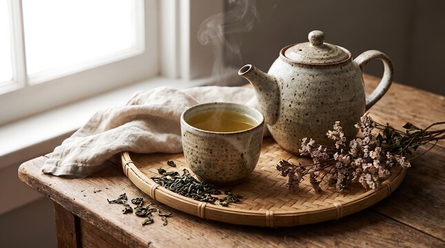 A peaceful indoor shot of a speckled ceramic teapot, a steaming cup of fresh green tea, and dried flowers on a round bamboo tray atop a rustic wooden table near a window