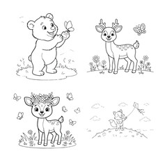 Obraz premium Cute wild animals coloring page vector set with bear, deer, and fox for kids
