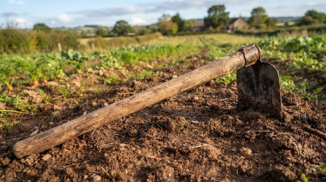 Traditional Garden Hoe with Wooden Handle on Rich Farm Soil