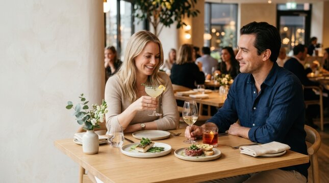 Couple enjoying a fine dining experience with delicious food and drinks