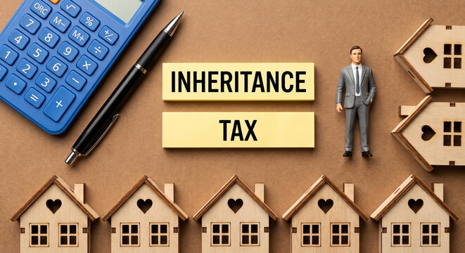 Inheritance Tax and Property Wealth Planning Concept with Miniature Houses and Calculator