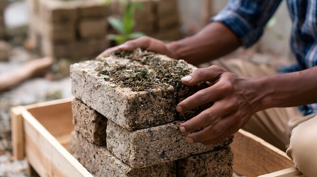 A person handling stacked eco friendly bricks made from compressed organic material in a wooden crate