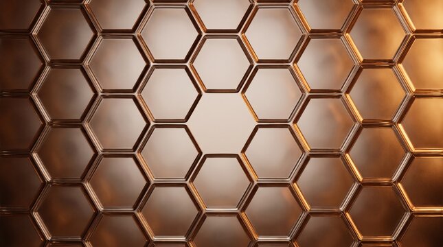 Abstract golden glass hexagon honeycomb pattern background illuminated with warm side light