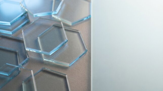 Abstract clear glass hexagon plates with cool blue lighting and copy space