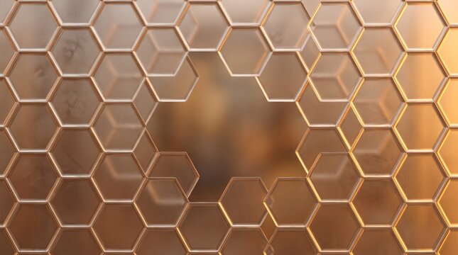 Abstract frosted glass hexagon honeycomb pattern with warm golden lighting and central copy space