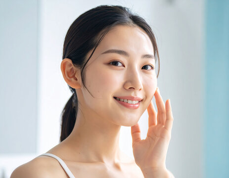 Smiling young Asian woman with clear skin gently touches her cheek in a bright indoor setting, showcasing natural beauty.