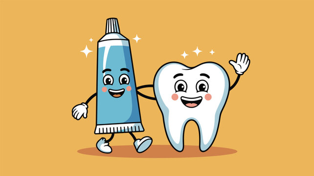 Friendly cartoon tooth and blue toothpaste tube characters promote dental health and daily oral hygiene routines for children and adults.