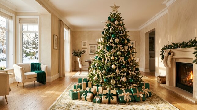 Festive living room decorated for Christmas with a large tree and fireplace