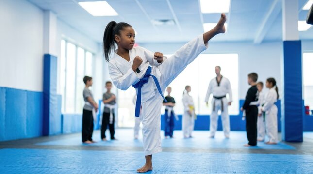 Young girl in martial arts uniform performs a high kick during a karate class