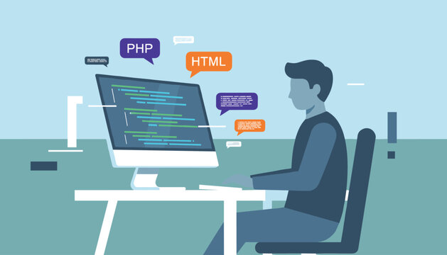 Professional programmer working on a computer creates code for websites using PHP and HTML in a modern technology office environment.
